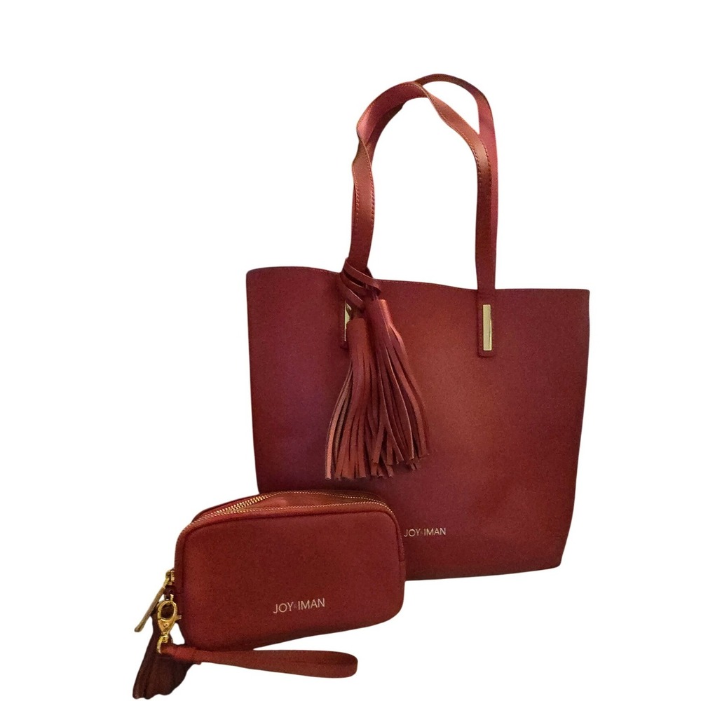 Joy & Iman Burgundy Red Leatherโ Tote Bag and Wristlet Set with Tassels
